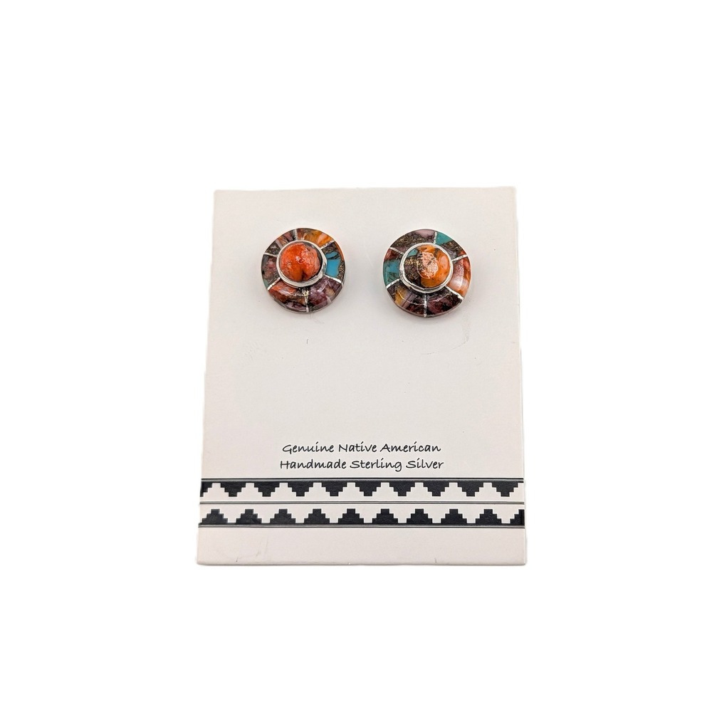 Navajo Spiny Oyster and Turquoise Inlay Stud Saucer Earrings Valerie Benally**